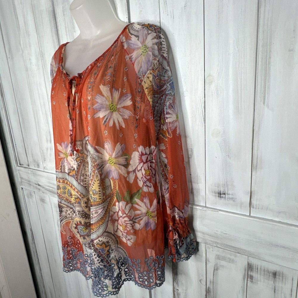NWT WOMENS‎ JOHNNY WAS BIYA ORANGE COLORFUL PAISLEY EYELET MESH BLOUSE W/ SLIP M - Picture 4 of 16